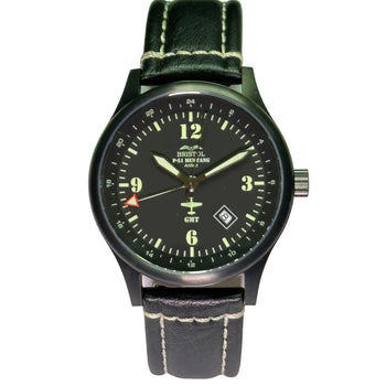 P-51 Mustang Tribute - Stainless Steel - Black Finish - Black Leather Band - watch face