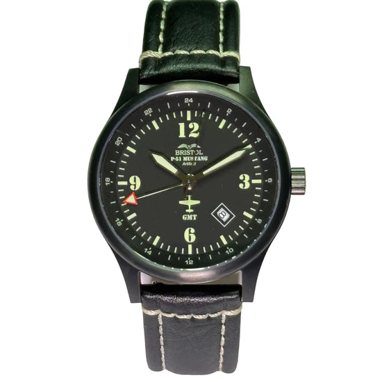 P-51 Mustang Tribute - Stainless Steel - Black Finish - Black Leather Band - watch face