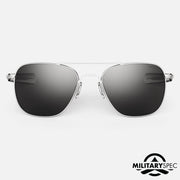 Randolph Engineering Sunglasses with metallic frame and dark lenses on a white background, featuring 'Military Spec' logo.