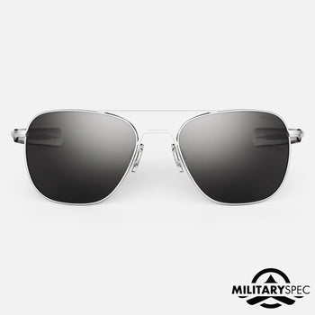 Randolph Engineering Sunglasses with metallic frame and dark lenses on a white background, featuring 'Military Spec' logo.