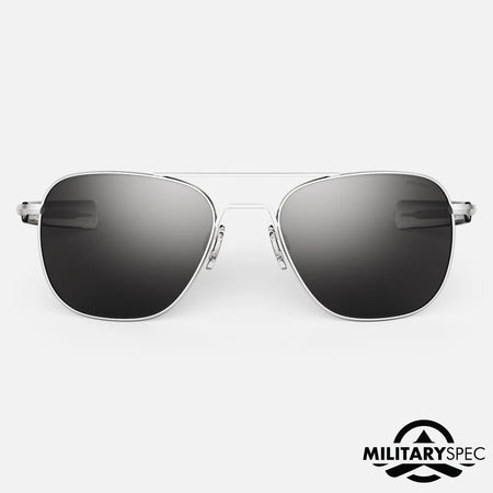 Randolph Engineering Sunglasses with metallic frame and dark lenses on a white background, featuring 'Military Spec' logo.