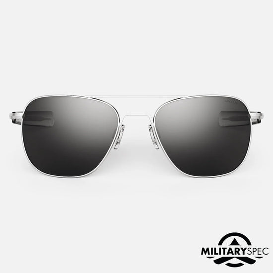 Randolph Engineering Sunglasses with metallic frame and dark lenses on a white background, featuring 'Military Spec' logo.