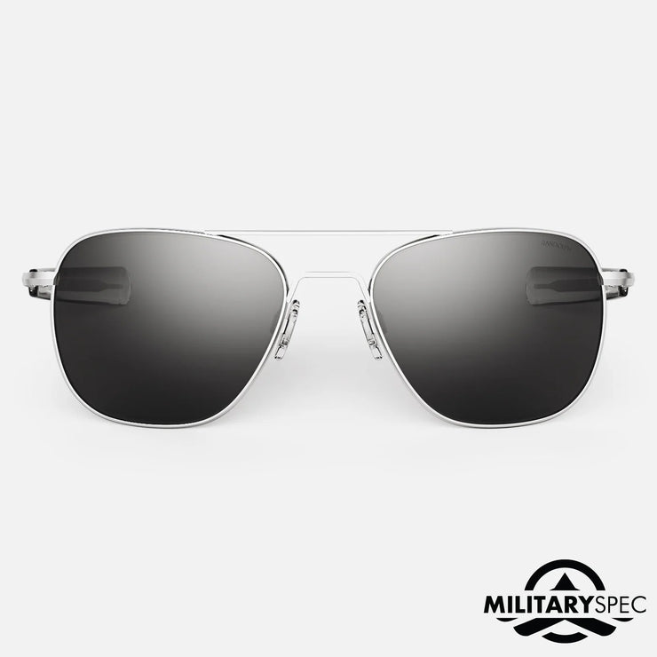 Randolph Engineering Sunglasses with metallic frame and dark lenses on a white background, featuring 'Military Spec' logo.