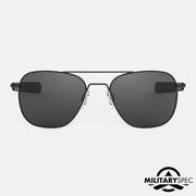 Military Special Edition - Matte Black Aviator sunglasses with black lenses and frames on a white background, featuring 'Military Spec' logo.