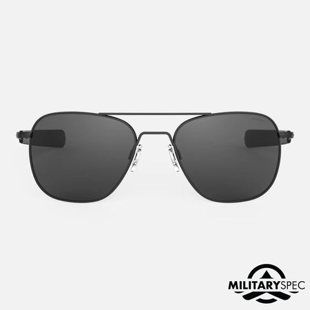 Military Special Edition - Matte Black Aviator sunglasses with black lenses and frames on a white background, featuring 'Military Spec' logo.