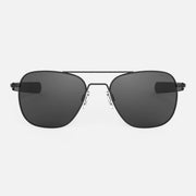 Aviator sunglasses with black lenses and black frames on a white background