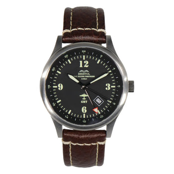 B-17 Tribute - Stainless Steel - Brush Finish - Black Dial - Brown Leather Band with Stitching - Watch face detail