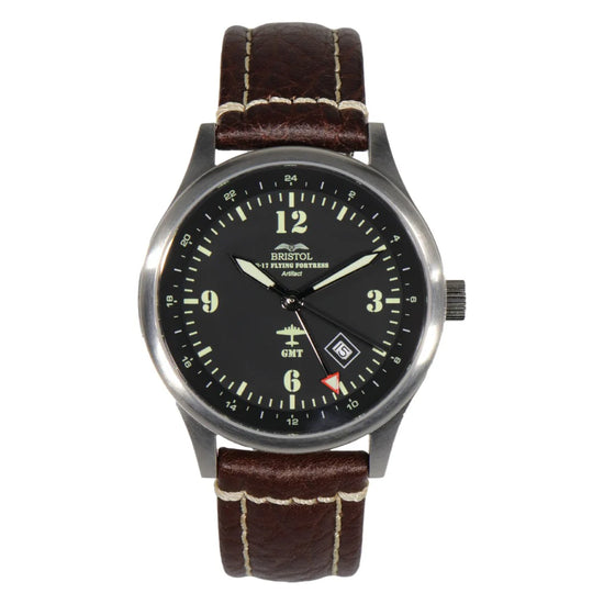 B-17 Tribute - Stainless Steel - Brush Finish - Black Dial - Brown Leather Band with Stitching - Watch face detail