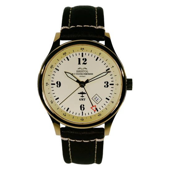 B-17 Tribute - Gold Finish - Beige Dial - Stainless Steel - Brown Leather Band with Stitching - dial close up