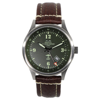 B-17 Tribute - Stainless Brush Finish - Dark Green Dial - Brown Leather Band with Stitching front view