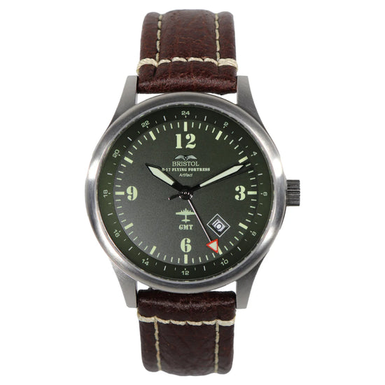 B-17 Tribute - Stainless Brush Finish - Dark Green Dial - Brown Leather Band with Stitching front view