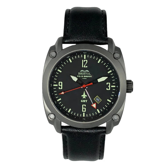 F-18 Hornet Tribute - Gunmetal Finish - Black Dial - Black Leather Band - front view