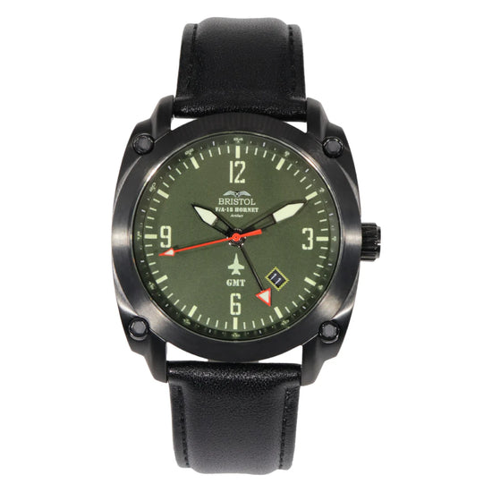 F-18 Hornet Tribute - Black Finish - Dark Green Dial - Black Leather Band - watch face