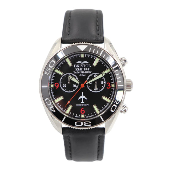747 TRIBUTE - STAINLESS STEEL, BLACK DIAL, BLACK LEATHER BAND - 747 watch - Boeing Watch - Airlines Watch - Airliner Watch - Flight Crew Watch - Pilot Watch - Flyer Watch - Aviator Watch - Aviation Collectable - Bristol Aviation Watches - Bristol Aviation Watch 