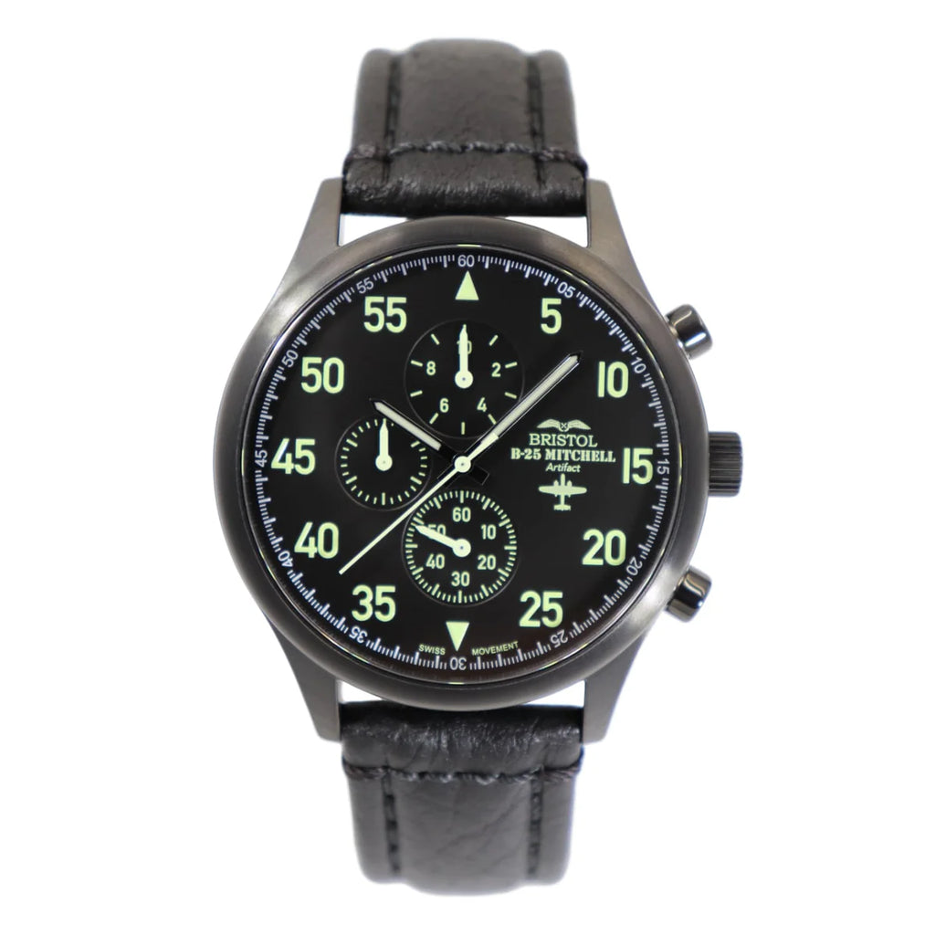 B-25 MITCHELL TRIBUTE - BLACK FINISH, BLACK LEATHER BAND – Sierra