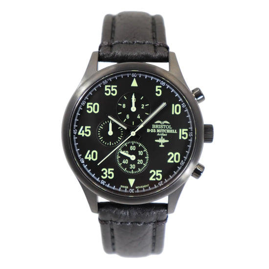 B-25 Mitchell Tribute - Black Finish - Black Leather Band - front view