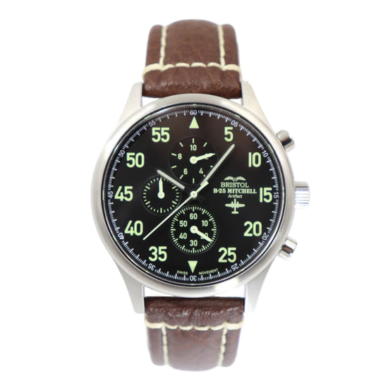 B-25 Mitchell Tribute - Stainless Steel - Brush Finish - Black Dial - Brown Leather Stitched Band - Dial detail 