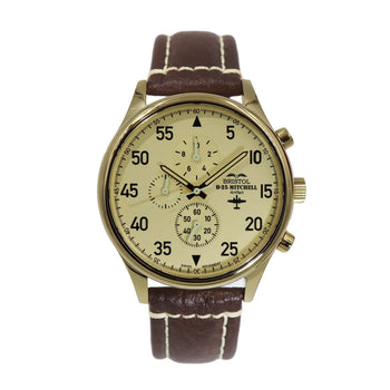 B-25 Mitchell Tribute - Gold Finish - Beige Dial - Brown Leather Band with Stitching - front view