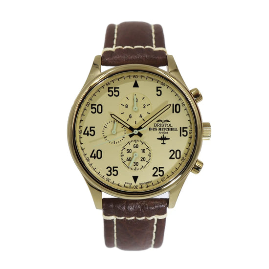 B-25 Mitchell Tribute - Gold Finish - Beige Dial - Brown Leather Band with Stitching - front view