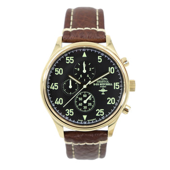 B-25 Mitchell Tribute - Gold Finish Black Dial - Brown Leather Band with Stitching - Dial detail