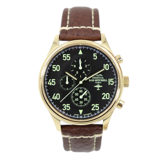 B-25 Mitchell Tribute - Gold Finish Black Dial - Brown Leather Band with Stitching - Dial detail