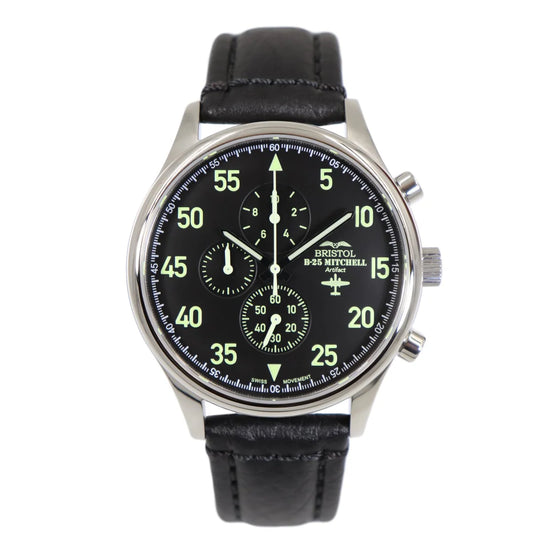 B-25 Mitchell Tribute - Stainless Steel - Polished Finish - Black Leather Band - Dial detail