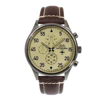 B-25 Mitchell Tribute - Stainless Steel - Polished Finish - Beige Dial - Brown Leather Band with Stitching - watch dual detail