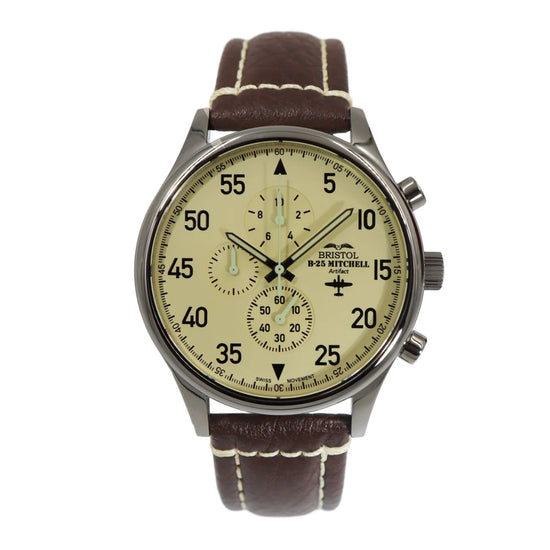B-25 Mitchell Tribute - Stainless Steel - Polished Finish - Beige Dial - Brown Leather Band with Stitching - watch dual detail