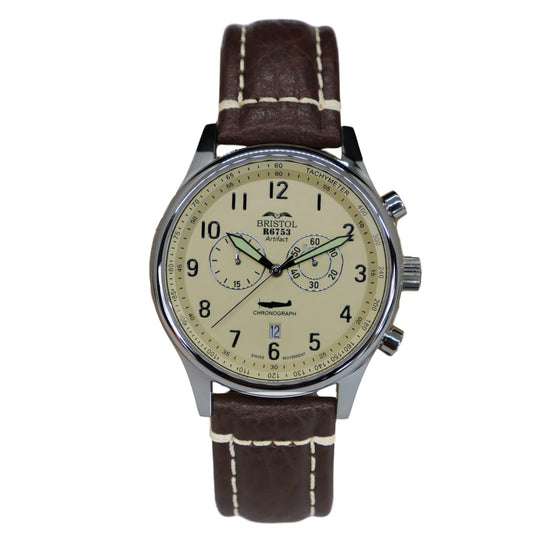 Our R6753 Tribute - Stainless Steel - Polished Finish - Beige Dial - Brown Leather Band  Spitfire Watch face