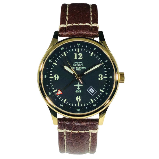 P-51 Mustang Tribute - Gold Finish - Black Dial - Brown Leather Band  - Watch Face