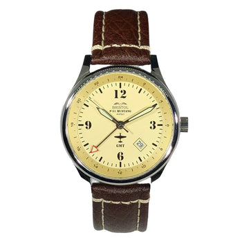 P-51 Mustang Tribute Watch - Polished Finish - Beige Dial close up 