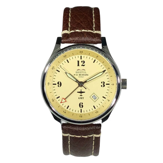P-51 Mustang Tribute Watch - Polished Finish - Beige Dial close up 