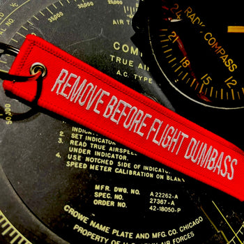 A red keychain with the phrase 'REMOVE BEFORE FLIGHT DUMMBASS' written in white text, displayed in front of an aircraft instrument panel.