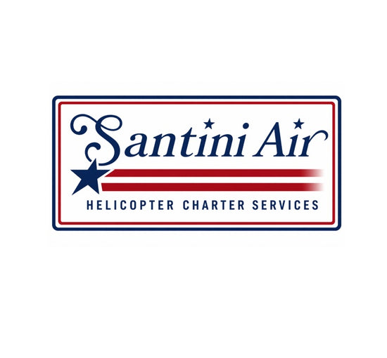 Santini Air Helicopter Charter Services with red, white, and blue design on a white background
